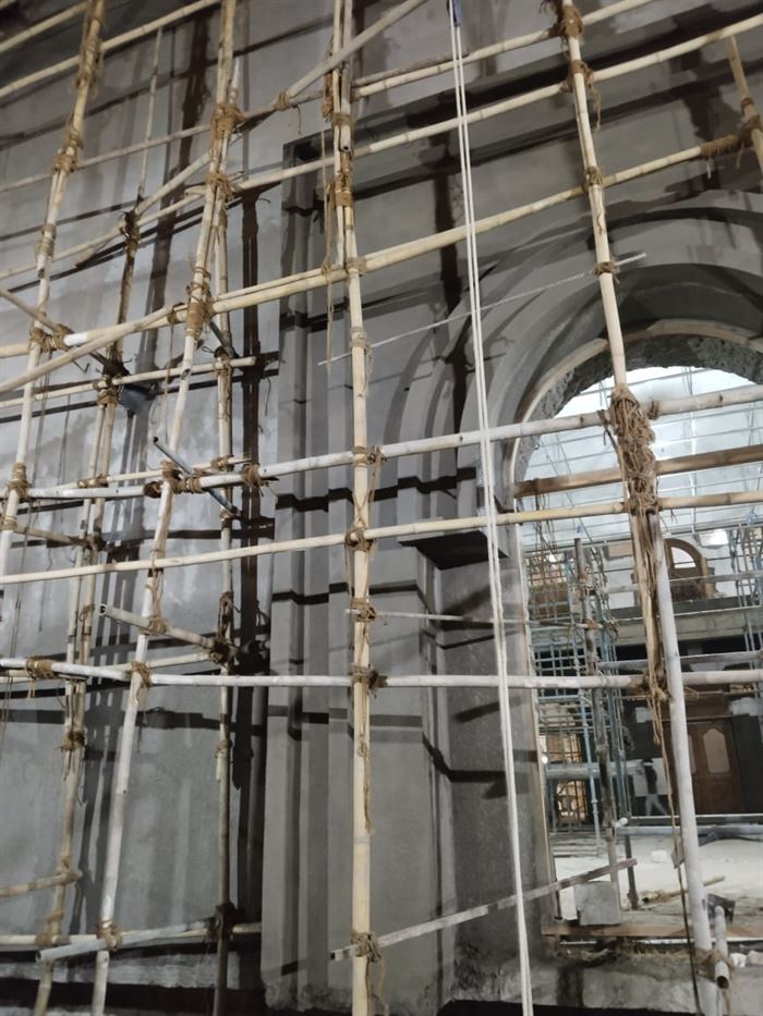 Interior arches under construction with scaffolding